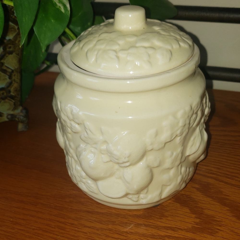Creamy Yellow Ceramic Jar with Lid - textured fruit design